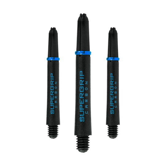 HR364_Harrows_Supergrip_Carbon_Shafts_Aqua_40mm_1b3eVBWLT6wk4u Das Bild zeigt drei Harrows Supergrip Carbon Shafts in der Farbe Aqua. Die Dartschäfte sind schwarz mit blauer Beschriftung und einem blauen Ring.