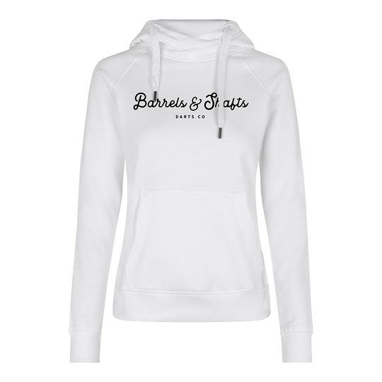 Felpa con cappuccio da donna Barrels and Shafts - bianca Dies ist ein weißer Damen-Hoodie mit Kapuze und Kängurutasche. Auf der Vorderseite steht der Text "Barrels & Shafts Darts Co".