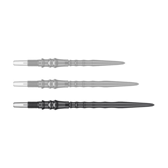 Zu sehen sind schwarze Steeldartspitzen, SwissPoint, 40 mm von Target Japan Premium. Die Einzelspitze ist im Detail abgebildet.