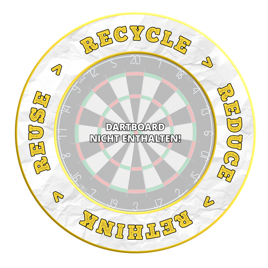 Das Bild zeigt das Produkt mit dem Dateinamen MSF-C7_McDart_Recyle_Reuse_Reduce_Rethink_Surround_Gelb_3. Es handelt sich um einen gelben Dartboard-Surround mit Umweltslogan.