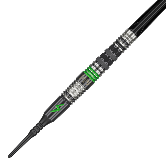 Target Japan Black Marque Lightning 3 freccette morbide - 19 g Das Bild zeigt einen Softdart namens "Target Japan Black Marque Lightning 3" mit einem Gewicht von 19g. Der Dart ist schwarz-silber mit grünen Akzenten und einem Blitzsymbol verziert.