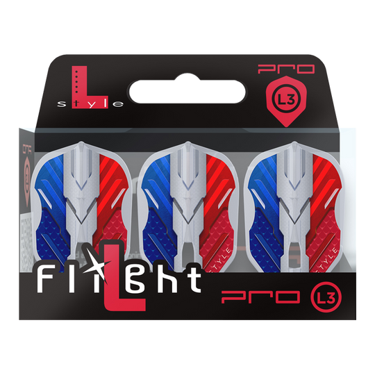 Alette L-Style V-Series V1 Tipo B Francia Bianco Trasparente L3PRO Das Bild zeigt eine Verpackung mit drei Dartflights der Marke L-Style in den Farben Blau, Weiß und Rot. Auf der Verpackung steht "Flight L Pro L3", und die Flights haben ein modernes, kantiges Design.