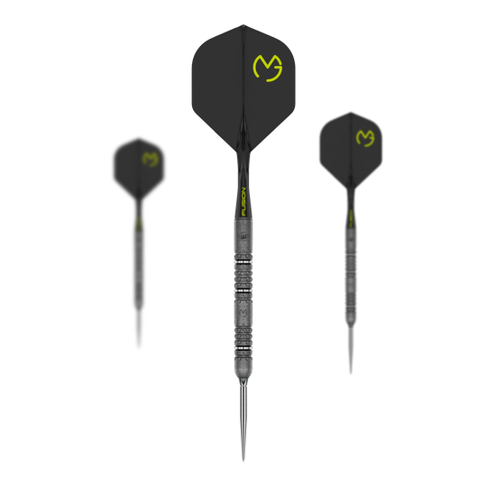 Hier sieht man die Winmau MvG Signature Edition Switch Points Steeldarts. Dieses Set ist eine Sonderedition, inspiriert vom Profi-Dartspieler Michael van Gerwen.