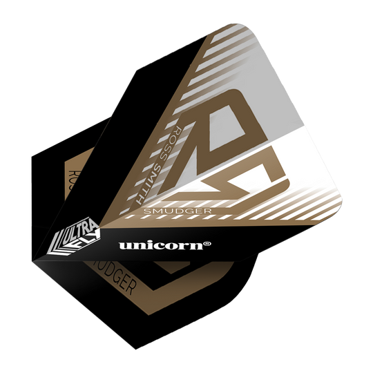 Voli Unicorn Ultrafly 100 Ross Smith Plus Das Bild zeigt die Unicorn Ultrafly 100 Ross Smith Plus Flights mit einem modernen Design in Schwarz, Gold und Weiß. Auf der Flight-Oberfläche sind die Wörter "Ross Smith", "Unicorn" und "Smudger" zu sehen.