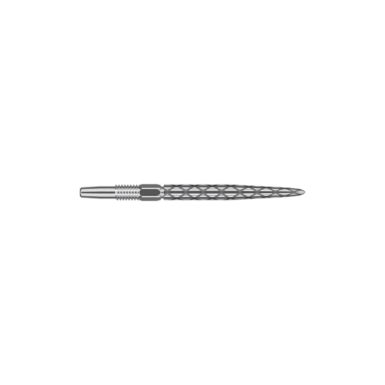 Punte per freccette Target Swiss Diamond Pro Silver Points Das Bild zeigt eine silberne Dartspitze mit einem rautenförmigen Muster. Sie ist lang und schmal gestaltet und eignet sich für Präzisionswürfe beim Dartspiel.
