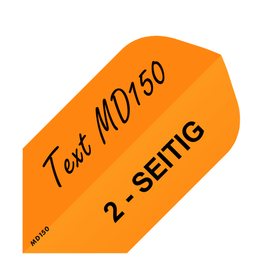 MD-254_2-Seitig_Bedruckte_Flights_Wunschtext_MD150_Neonorange_Slim_1 Das Bild zeigt einen neonorangen Dartflight mit schwarzer Aufschrift. Auf dem Flight steht "Text MD150" und "2-SEITIG".
