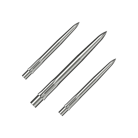Punte per freccette in acciaio Caliburn System - Lisce - Argento Das Bild zeigt drei silberne, glatte Steeldartspitzen. Sie liegen parallel nebeneinander auf weißem Hintergrund.