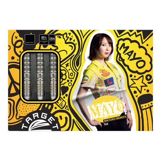 Target Japan Prime Series Mayujo Morita GEN6 Freccette morbide - 18 g Die Verpackung zeigt die "Target Japan Prime Series Mayuko Morita GEN6 Softdarts - 18g". Links sind die Darts zu sehen, rechts ist ein Bild von Mayuko Morita mit buntem Hintergrund.