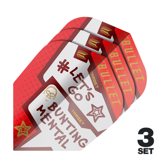 Target Pro Ultra Stephen Bunting Mental No6 Flights - 3 set Das Bild zeigt drei Sets der Target Pro Ultra Stephen Bunting Mental No6 Flights für Dartpfeile. Die Flights sind rot und weiß gestaltet und tragen die Aufschrift "#LET'S GO BUNTING MENTAL".