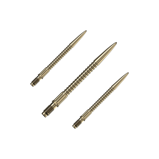 Punte per freccette Mission R2.5 Rapid Point GV1 - Oro Ein Set goldener Dartspitzen ist auf dem Bild zu sehen. Das Set ist für Dartpfeile gedacht.
