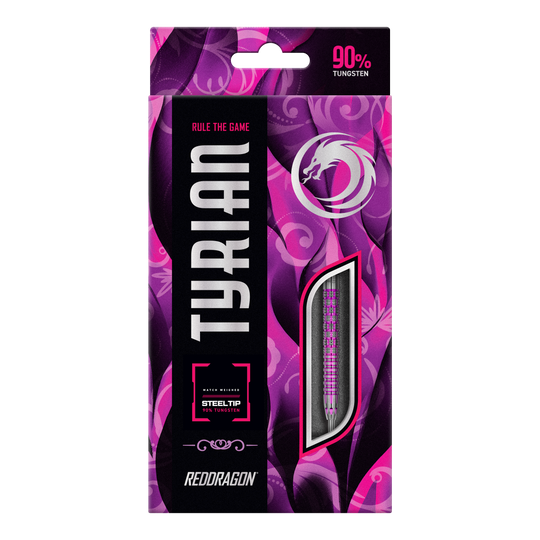 Dardi d'acciaio di Tyrian del drago rosso Die Abbildung zeigt die Verpackung der "Red Dragon Tyrian Steeldarts". Die Schachtel ist überwiegend in Lila- und Rosatönen gestaltet und hebt hervor, dass die Darts aus 90% Tungsten bestehen.