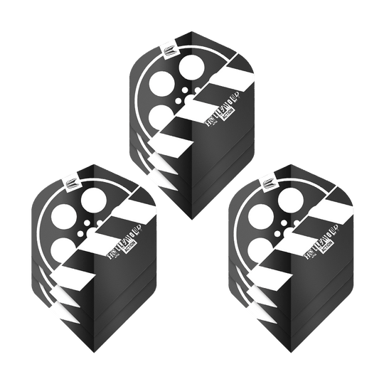 Target Pro Ultra Chris Dobey Hollywood Action No2 Standard Flights - 3 set Das Bild zeigt drei Sets von Dart-Flights mit einem Filmklappen-Design in Schwarz und Weiß. Die Flights tragen den Namen "Target Pro Ultra Chris Dobey Hollywood Action No2 Standard Flights".