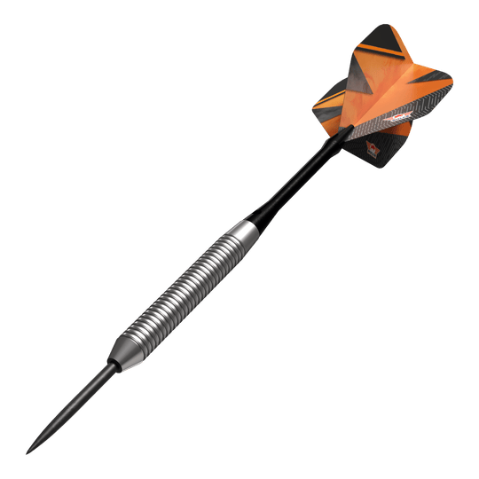 Bulls NL Lightning Freccette in acciaio arancioni Das Bild zeigt einen Bulls NL Lightning Orange Steeldart. Der Dart hat einen silbernen, gerillten Schaft und orangene Flights mit schwarzen Akzenten.