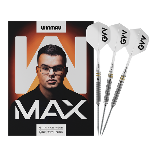 Freccette in acciaio Winmau Gian Van Veen W-MAX Switch Point Das Bild zeigt Winmau Gian Van Veen W-MAX Switch Point Steeldarts in voller Länge. Alle Details des Darts sind sichtbar.