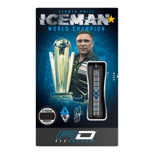 Freccette in acciaio Red Dragon Gerwyn Price Iceman Midnight Edition Das Bild zeigt die Verpackung der "Red Dragon Gerwyn Price Iceman Midnight Edition Steeldarts". Auf der Verpackung ist ein Bild von Gerwyn Price mit einem Pokal und einem Steel-Dart abgebildet.
