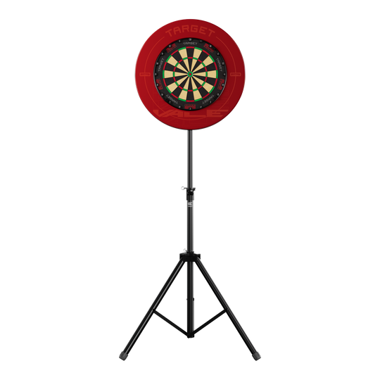 Das Bild zeigt einen Dartboard-Ständer mit einer roten Umrandung und einer klassischen Dartscheibe. Der Ständer steht stabil auf drei Beinen und trägt das Produkt "Target Dartboard Stand".