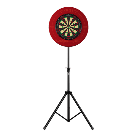 Supporto per bersaglio per freccette Das Bild zeigt einen Dartboard-Ständer mit einer roten Umrandung und einer klassischen Dartscheibe. Der Ständer steht stabil auf drei Beinen und trägt das Produkt "Target Dartboard Stand".