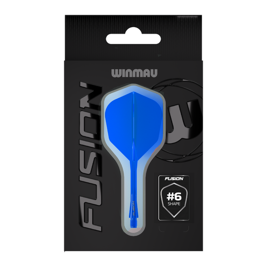 Sistema di alberi di volo a fusione Winmau n. 6 blu Auf dem Bild befindet sich das Winmau Fusion Flight-Shaft-System No6 in Blau. Dieses Accessoire wird für das Dartspiel verwendet.