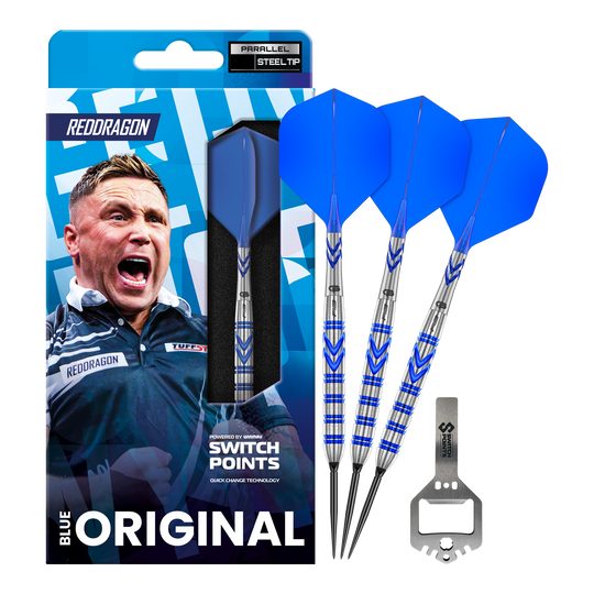 Dardi d'acciaio originali Switch Point di Gerwyn Price, Red Dragon Rosso Das Bild zeigt die Red Dragon Gerwyn Price Blue Original Switch Point Steeldarts. Es handelt sich um hochwertige Steeldarts mit blauem Design.