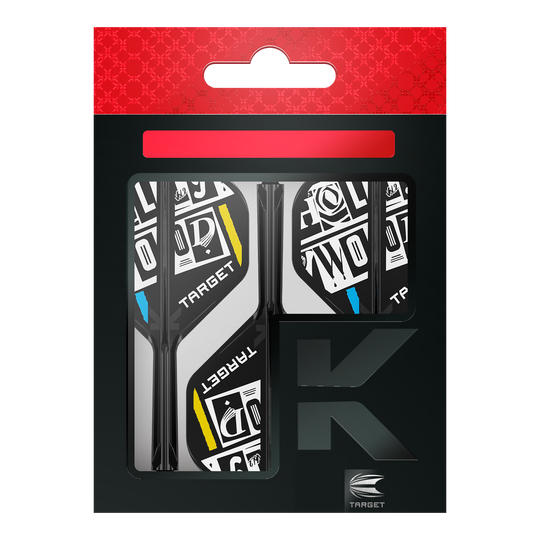 Sistema di alberi di volo standard Target K-Flex Chris Dobey No2 Das Bild zeigt eine Packung der "Target K-Flex Chris Dobey No2 Standard Flights". Die Flights sind schwarz-weiß mit gelben und blauen Akzenten gestaltet und befinden sich in einer schwarzen Verpackung mit rotem Aufhänger.