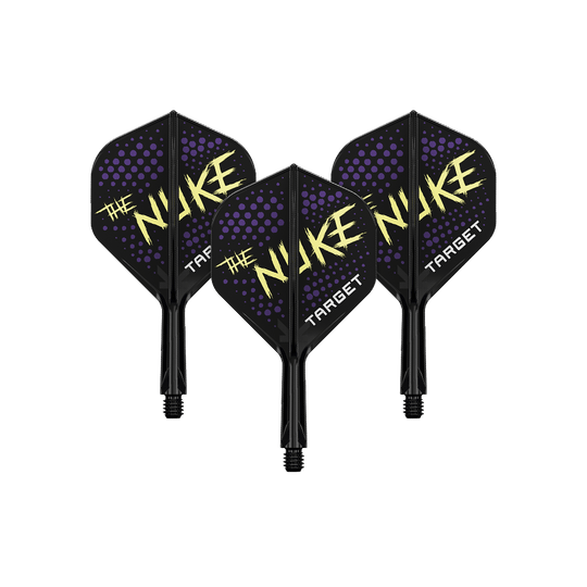 Target K-Flex Luke Littler Black No2 Standard Flight System Auf dem Bild sind drei Dart-Flights in Schwarz mit lilafarbenen Punkten und gelber Aufschrift "The Nuke" zu sehen. Unten steht der Schriftzug "Target" auf jedem Flight.