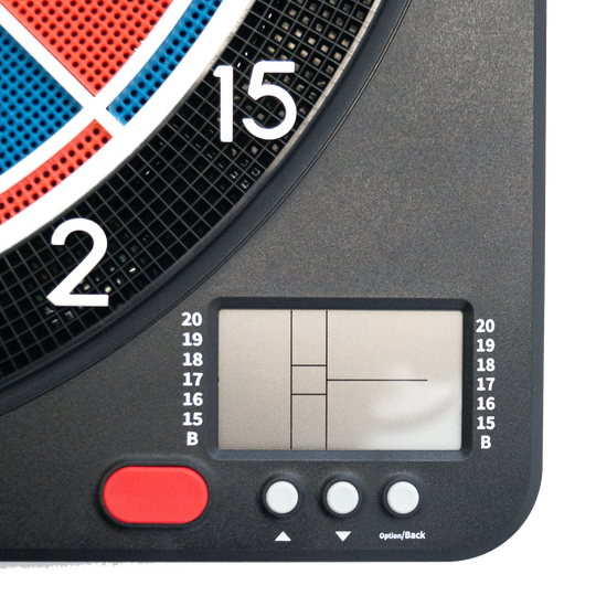 Bersaglio elettronico morbido Karella CB-Smart Das Bild zeigt einen Ausschnitt der elektronischen Soft-Dartscheibe "Karella CB-Smart". Zu sehen sind ein Teil der Dartscheibe, das Display und mehrere Bedientasten.