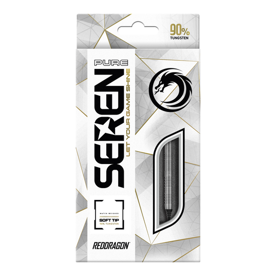 Red Dragon Seren 1 Freccette morbide pure - 20 g Die Verpackung zeigt das Produkt "Red Dragon Seren 1 Pure Softdarts - 20g". Das Design ist überwiegend weiß mit goldenen und schwarzen Akzenten und hebt die Qualität aus 90 % Tungsten hervor.