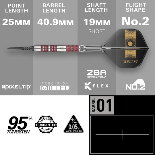Freccette morbide Target Stephen Bunting 95K - 19 g Das Bild zeigt die Softdarts "Target Stephen Bunting 95K" mit einem Gewicht von 19g. Die wichtigsten Maße sind 25 mm Spitzenlänge, 40,9 mm Barrel-Länge und 19 mm Schaftlänge.