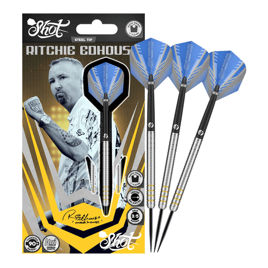 Freccette Shot Ritchie Edhouse Core Steel Abgebildet sind die Shot Ritchie Edhouse Core Steeldarts in voller Ansicht. Sie überzeugen durch ihr hochwertiges Design.