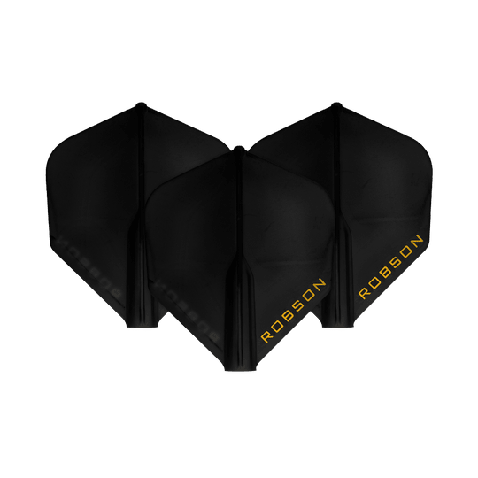 Voli Robson Plus - Standard Auf dem Bild sind drei schwarze Dart-Flights zu sehen. Auf jedem Flight steht das Wort "ROBSON" in gelber Schrift.