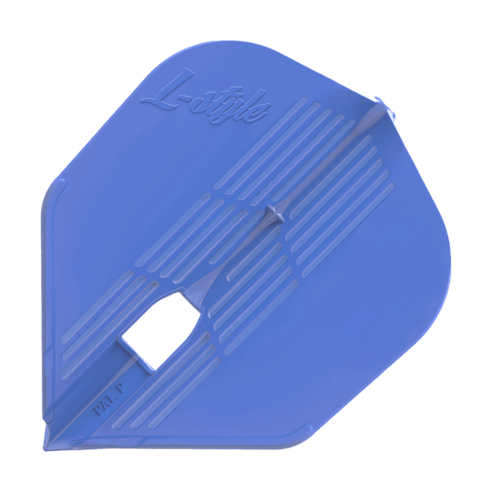 Alette L-Style KAMI L3PRO Das Bild zeigt ein blaues Dartflight mit dem Schriftzug "L-style" darauf. Das Flight hat eine eckige Form und gerillte Muster.