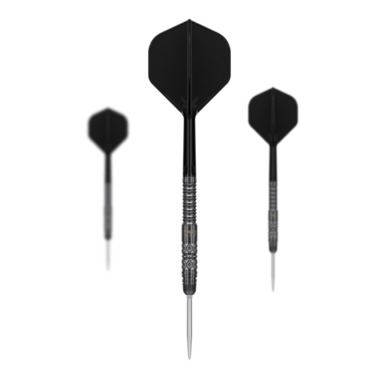 Hier sieht man die Target Japan Black Marque Creed Swiss Point Steeldarts - 23g als komplettes Set. Die Darts haben ein modernes Design in Schwarz.