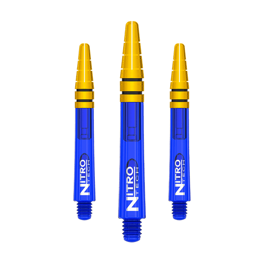 C799_Red_Dragon_Nitrotech_Shafts_Blau_Gold_39mm_1 Das Bild zeigt drei blaue und goldene Dartschäfte der Marke Red Dragon Nitrotech mit der Aufschrift "NITRO TECH". Die Schäfte sind 39 mm lang und haben ein modernes, glänzendes Design.