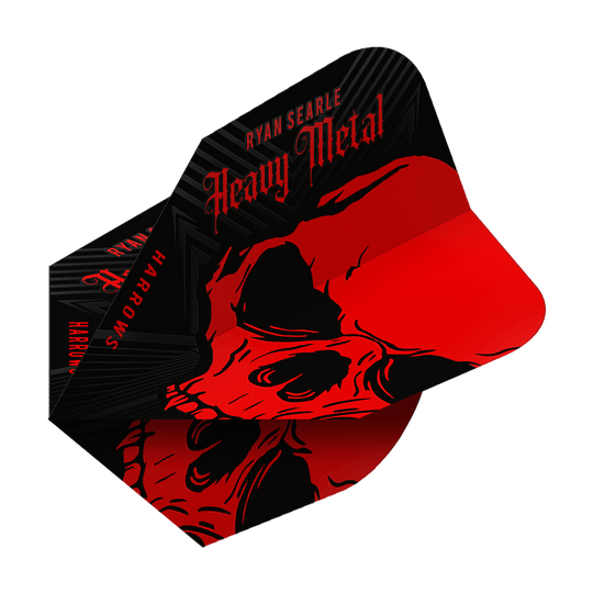 Voli Heavy Metal n. 6 di Ryan Searle di Harrow Das Bild zeigt das Produkt "Harrows Ryan Searle Heavy Metal No6 Flights". Die Flights sind schwarz und rot gestaltet und zeigen einen auffälligen Totenkopf mit dem Schriftzug "Heavy Metal".