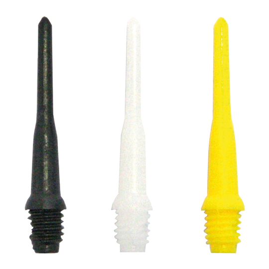 9605629e8403256b Das Bild zeigt drei verschiedene McDart HD Points in den Farben Schwarz, Weiß und Gelb. Es handelt sich um Ersatzspitzen für Softdarts aus einem 100er Pack.