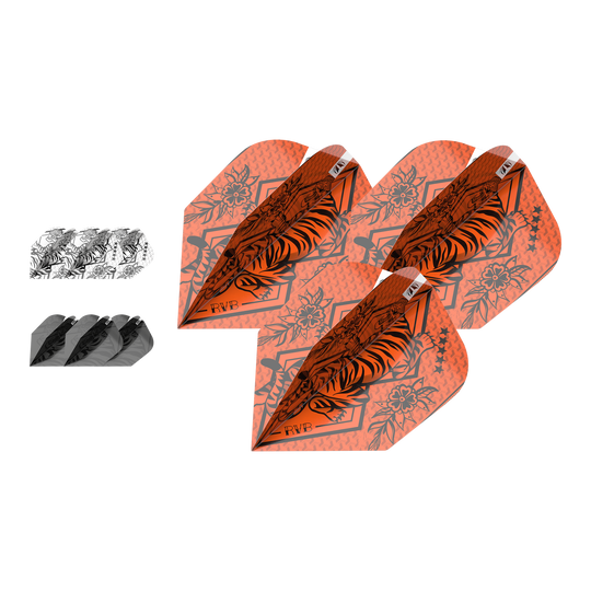 Target Ink Bundle 3 Sets Raymond Van Barneveld No6 Flights Das Bild zeigt drei verschiedene Sets von Dart-Flights in auffälligen Farben und Mustern. Im Vordergrund sind orangefarbene Flights mit einem Tiger-Design und den Initialen "RVB" zu sehen.