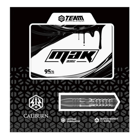 Das Bild zeigt die Verpackung der Caliburn Player MAK Steeldarts mit einem Gewicht von 23,5g. Die Verpackung hebt das moderne Design und eine Lebenszeitgarantie hervor.