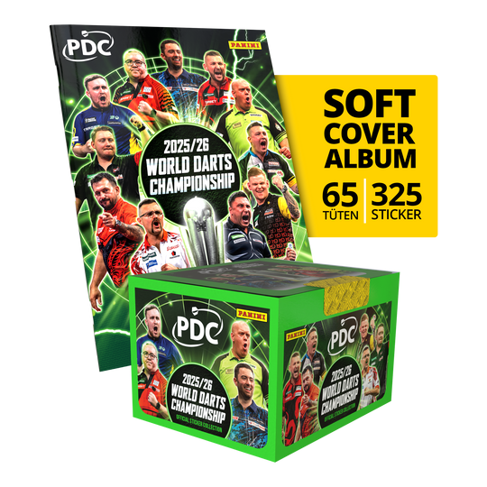 Panini PDC World Darts Championship 2025/26 - Cofanetto con copertina morbida e scatola di adesivi Das Bild zeigt das Panini PDC World Darts Championship 2025/26 Softcover Bundle mit einer Stickerbox. Dieses Bundle enthält ein Softcover-Album und eine Box voller Sticker.
