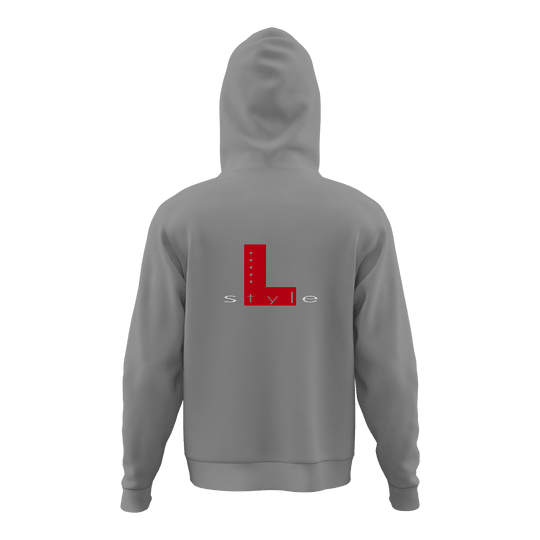 Felpa con cappuccio L-Style - Grigio Der Hoodie ist grau und hat auf der Rückseite ein großes rotes "L" mit dem Wort "style" darunter. Das Design ist schlicht und modern gehalten.