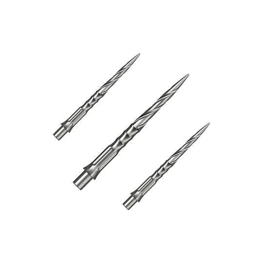 Das Bild zeigt ein Set von Caliburn Evo System Steeldartspitzen in Silber, 28 mm lang und mit Spiro-Design. Mehrere Spitzen sind geordnet dargestellt.