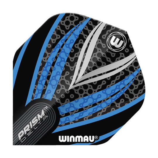 Voli standard Winmau Prism Delta Nero Bianco Blu n. 2 Das Bild zeigt ein Winmau Prism Delta Flight in den Farben Schwarz, Weiß und Blau. Das Design ist modern mit auffälligen Linien und Mustern.