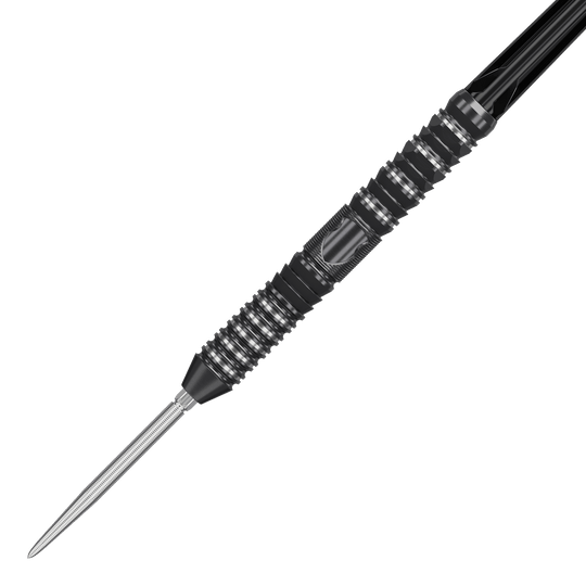 Freccette in acciaio Target Japan Black Marque Draco GEN2 Das Bild zeigt einen Target Japan Black Marque Draco GEN2 Steeldart. Der Dartpfeil ist schwarz mit silbernen Rillen und hat ein modernes, strukturiertes Design.