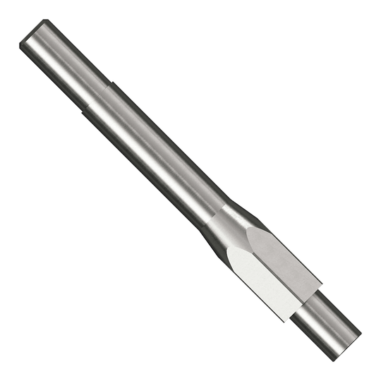 Kit di avviamento Caliburn Das Bild zeigt ein metallisches Werkzeug aus dem Caliburn Starter-Kit. Es ist zylindrisch geformt und besitzt abgeschliffene Flächen an einem Ende.