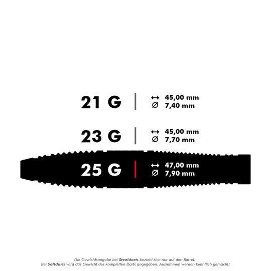 Freccette in acciaio Target Scope 03 Swiss Point Das Bild zeigt drei verschiedene Steeldarts mit den Gewichten 21 g, 23 g und 25 g. Die Maße Länge und Durchmesser sind für jedes Gewicht angegeben.