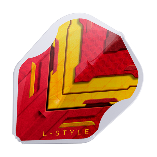 Alette L-Style V-Series V1 Tipo A Spagna Bianco Trasparente L3EZ Dies ist ein L-Style V-Series V1 Type A Spain Clear White L3EZ Flight. Das Design ist rot und gelb mit einem weißen Rand und der Aufschrift "L-STYLE".