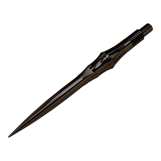 Punte per freccette Harrows Quick Point Spire Elite Series - Nere Zu sehen sind schwarze Dartspitzen, die auf einer ebenen Fläche ausgebreitet sind. Die Spitzen werden aus einer leicht schrägen Perspektive präsentiert.