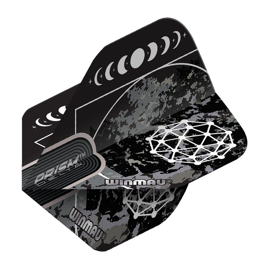 Voli standard Winmau Prism Delta Callisto No2 Das Bild zeigt die Winmau Prism Delta Callisto No2 Standard Flights. Die Flights sind schwarz-grau gemustert und mit weißen grafischen Mondphasen und geometrischen Mustern verziert.