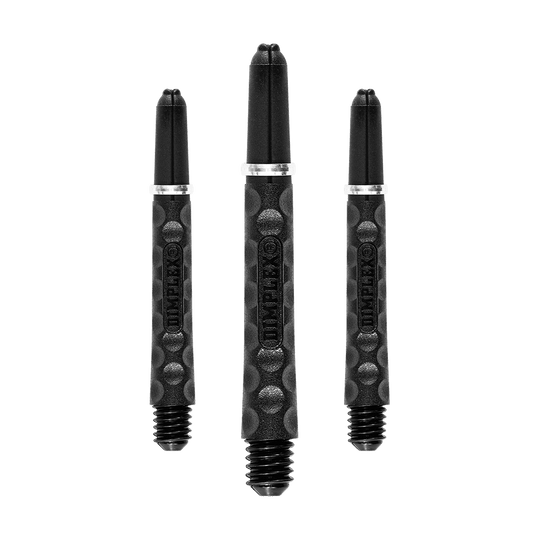 Harrows Dimplex Shafts - Schwarz Das Bild zeigt drei schwarze Dartschäfte mit einer genoppten Oberfläche. Sie sind in unterschiedlichen Längen angeordnet und haben einen Metallring am oberen Ende.