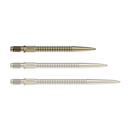 Punte per freccette Mission R2.5 Rapid Point GV1 - Oro Goldene Dartspitzen liegen nebeneinander auf einer weißen Fläche. Diese Spitzen eignen sich für das Dartspiel.