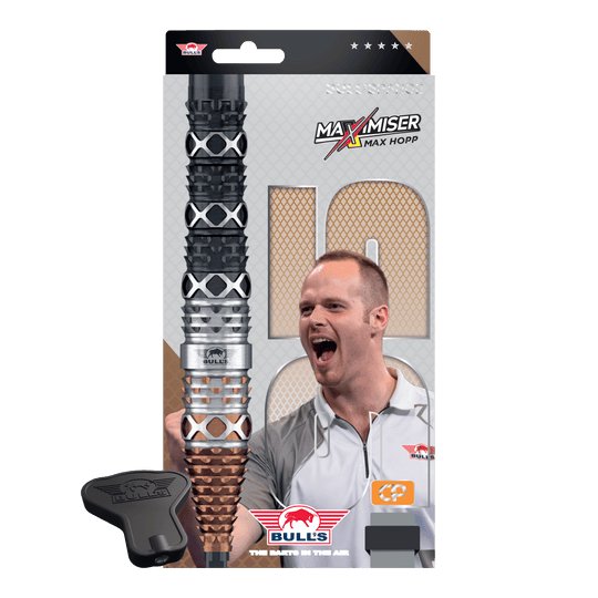 Bulls NL Max Hopp 95% Punti convertibili Steeldarts Abbildung der Bulls NL Max Hopp 95% Convertible Points Steeldarts. Die Darts sind detailreich gezeigt und richten sich an Dart-Enthusiasten.